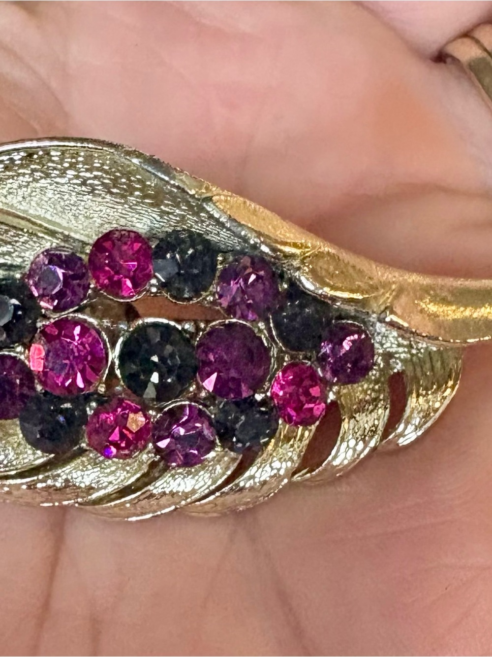 Vintage Coro Gold-Tone Leaf Brooch with Pink and Purple Crystals